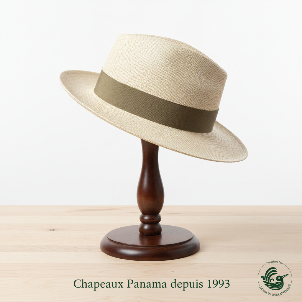 Chapeau Panama Maison Miraflores - fond blanc socle bois
